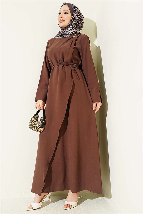 Tencel Dress with Shoulder Gathering and Gold Buckle, Brown