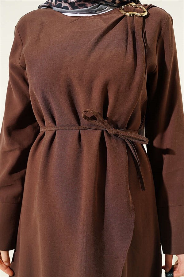 Tencel Dress with Shoulder Gathering and Gold Buckle, Brown