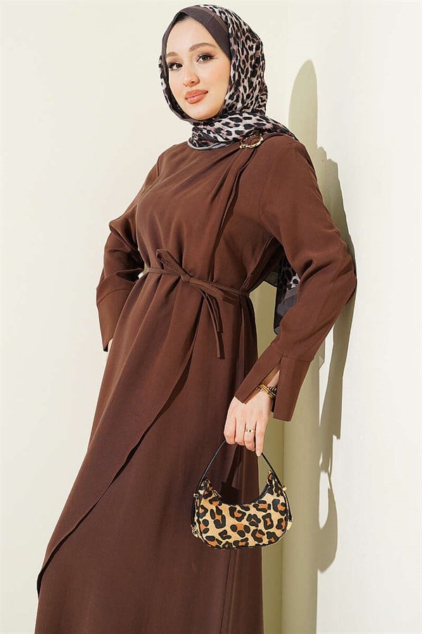 Tencel Dress with Shoulder Gathering and Gold Buckle, Brown
