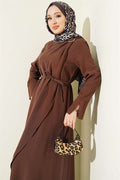 Tencel Dress with Shoulder Gathering and Gold Buckle, Brown