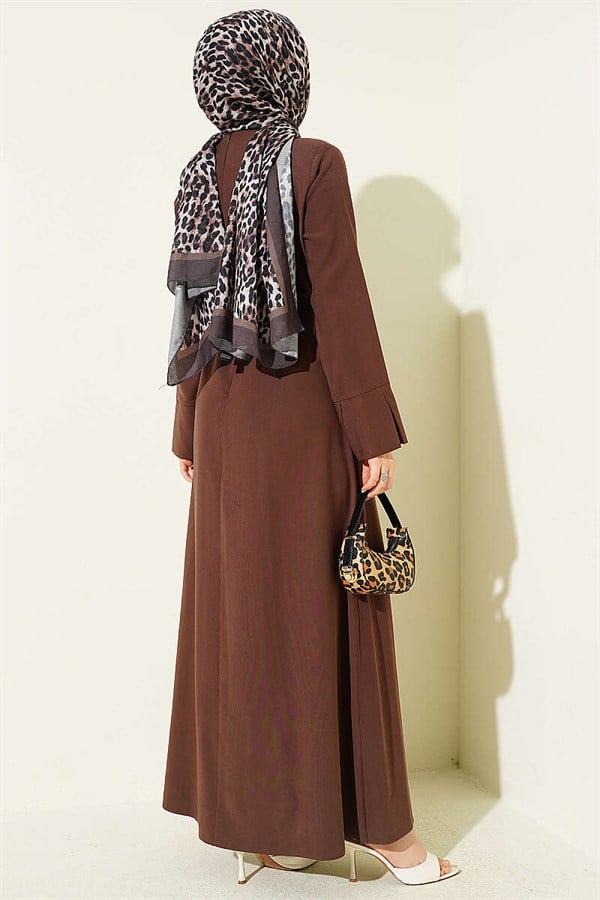Tencel Dress with Shoulder Gathering and Gold Buckle, Brown