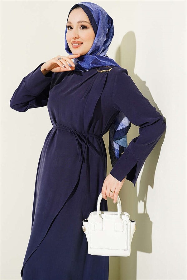 Navy Blue Tencel Dress with Gathered Shoulders and Gold Buckle