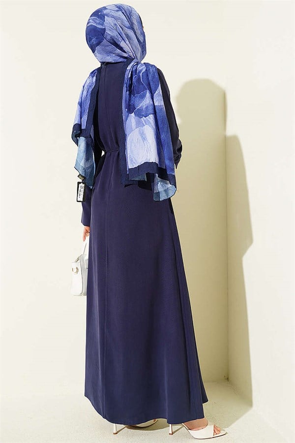 Navy Blue Tencel Dress with Gathered Shoulders and Gold Buckle