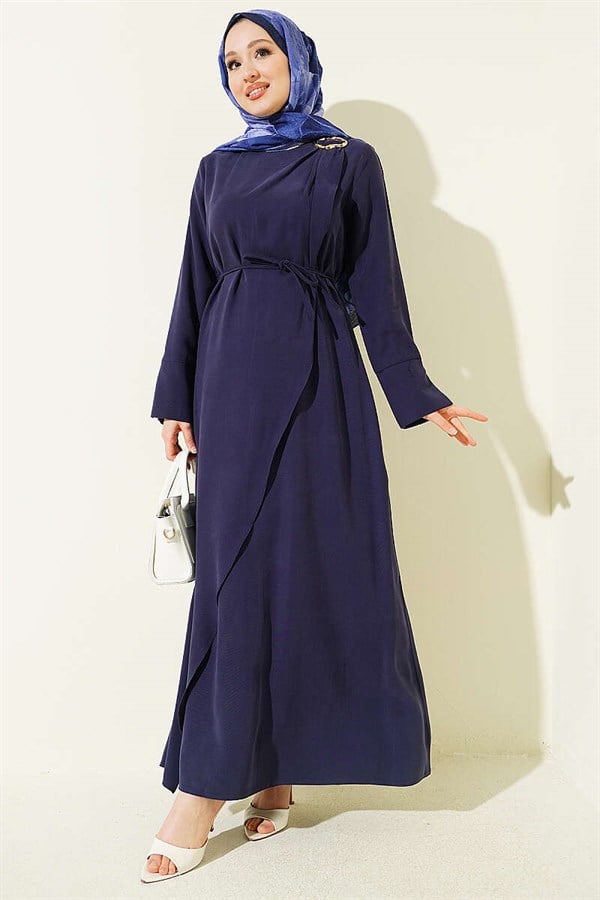 Navy Blue Tencel Dress with Gathered Shoulders and Gold Buckle