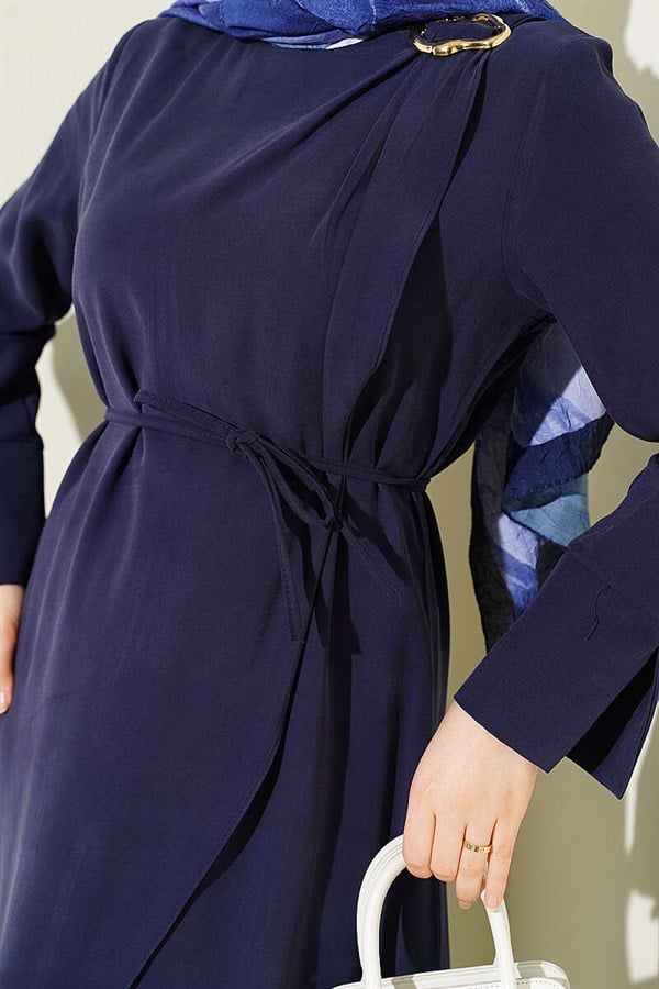 Navy Blue Tencel Dress with Gathered Shoulders and Gold Buckle