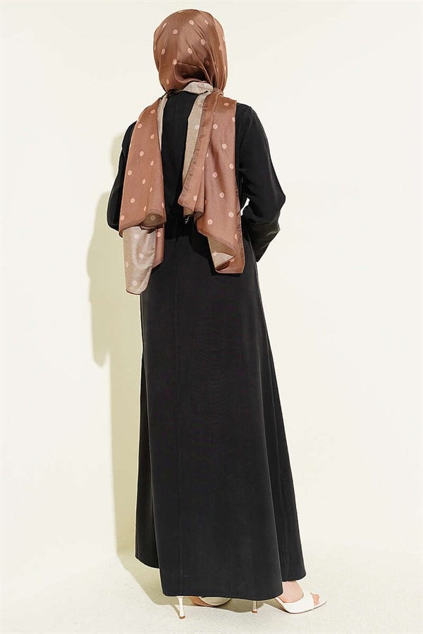 Black Tencel Dress with Gathered Shoulders and Gold Buckle