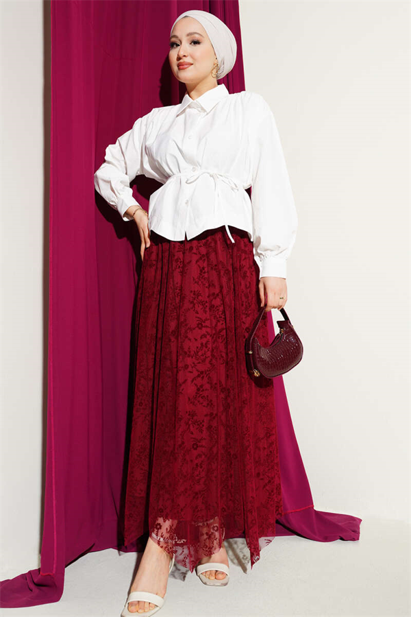 Short Shirt with Gathered Shoulders and Belt, Ecru