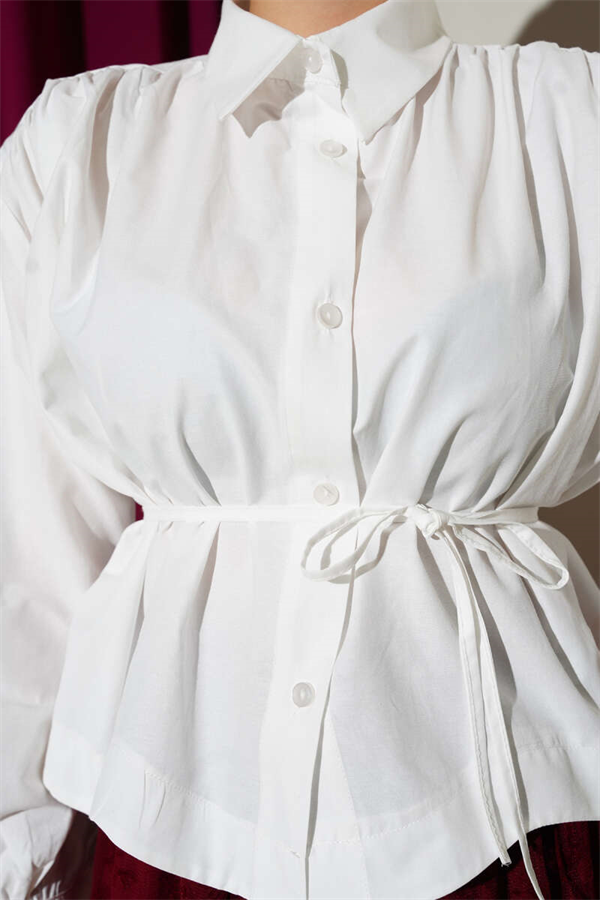 Short Shirt with Gathered Shoulders and Belt, Ecru