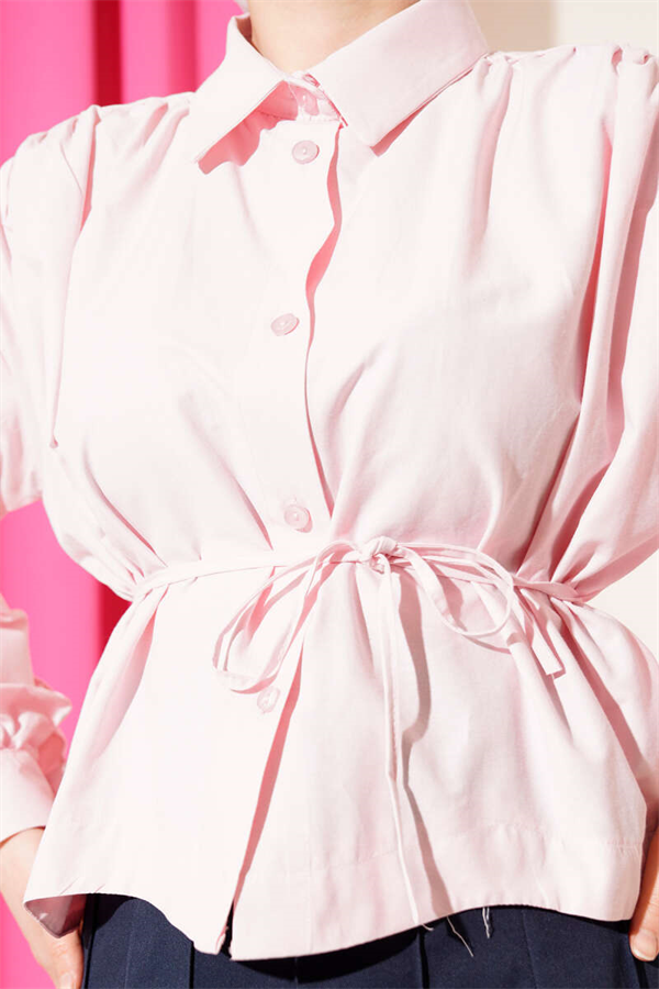 Pink Short Shirt with Gathered Shoulders and Belt