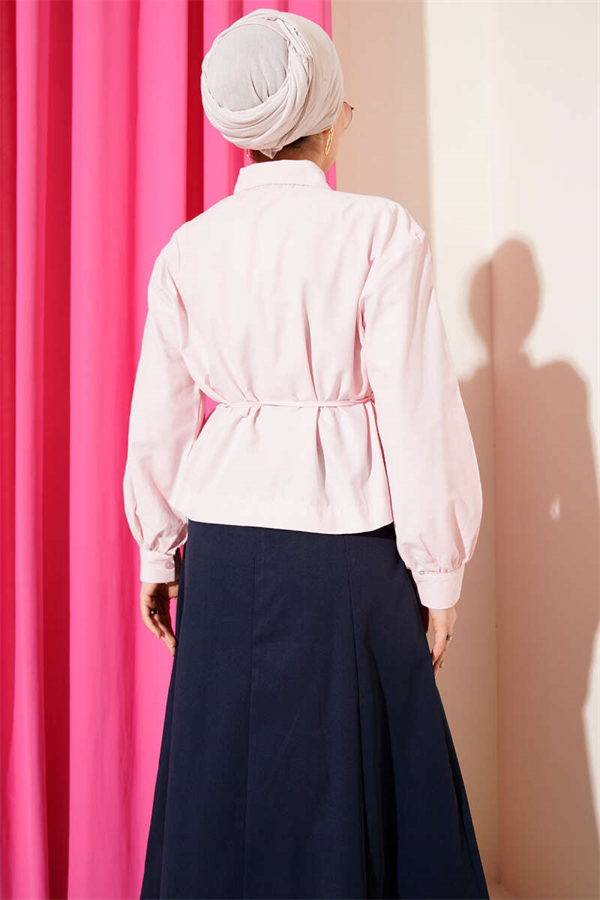 Pink Short Shirt with Gathered Shoulders and Belt