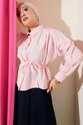Pink Short Shirt with Gathered Shoulders and Belt