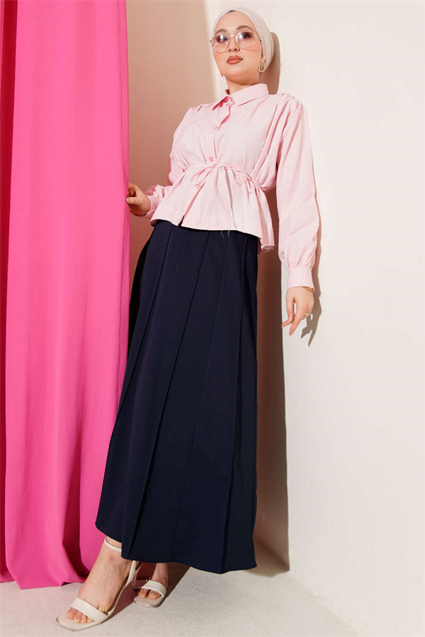 Pink Short Shirt with Gathered Shoulders and Belt