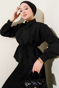 Black Short Shirt with Gathered Shoulders and Belt
