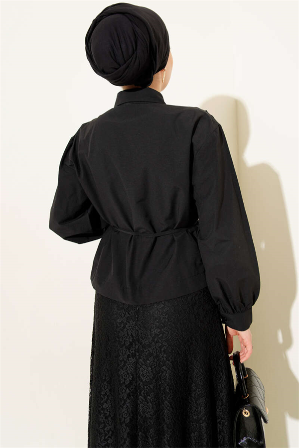 Black Short Shirt with Gathered Shoulders and Belt