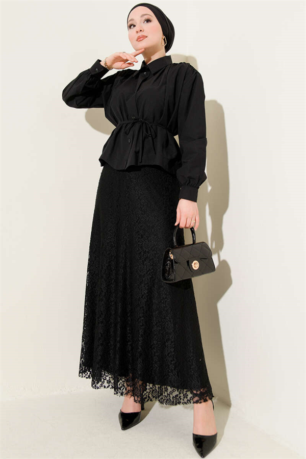 Black Short Shirt with Gathered Shoulders and Belt