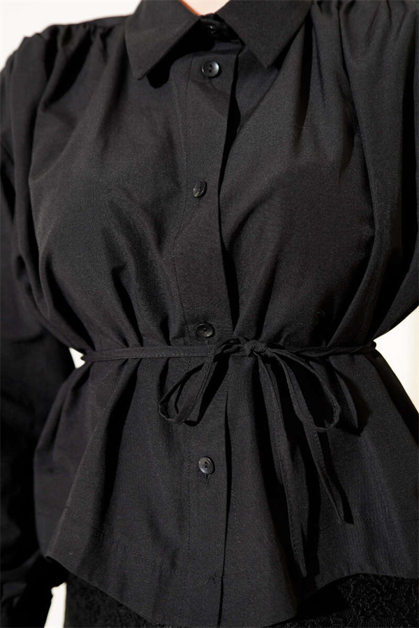 Black Short Shirt with Gathered Shoulders and Belt