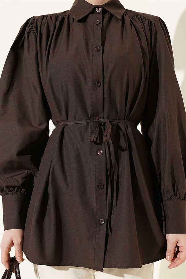 Dark Brown Poplin Shirt with Gathered Shoulders and Belt