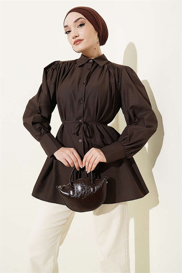 Dark Brown Poplin Shirt with Gathered Shoulders and Belt