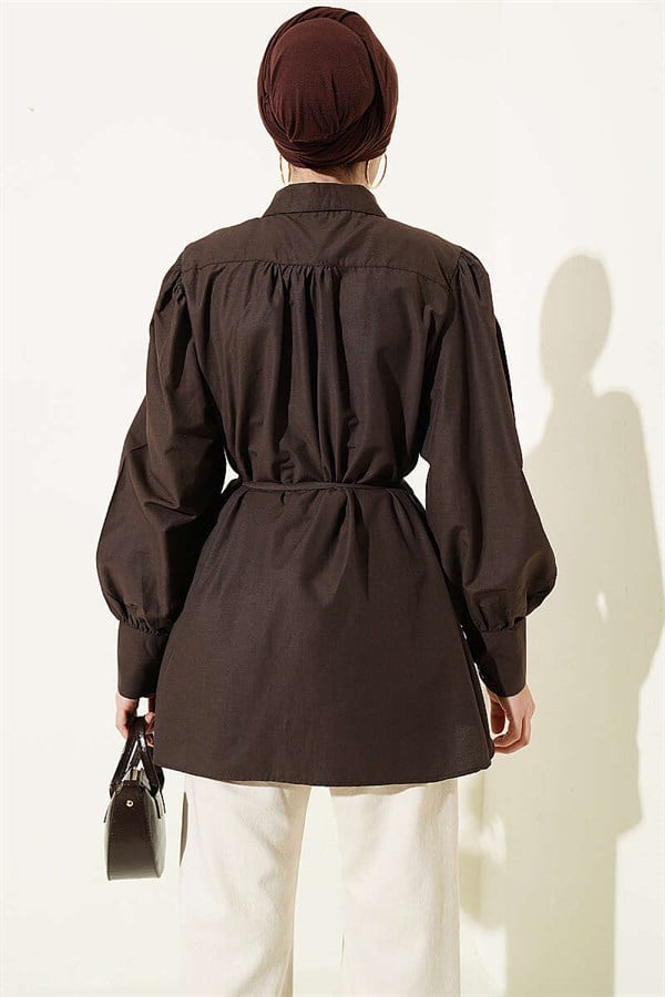 Dark Brown Poplin Shirt with Gathered Shoulders and Belt