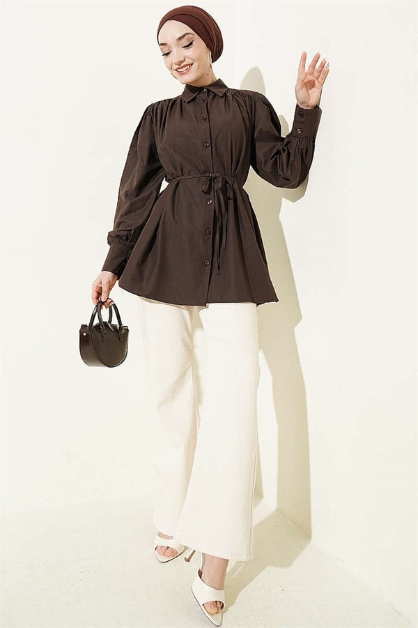 Dark Brown Poplin Shirt with Gathered Shoulders and Belt