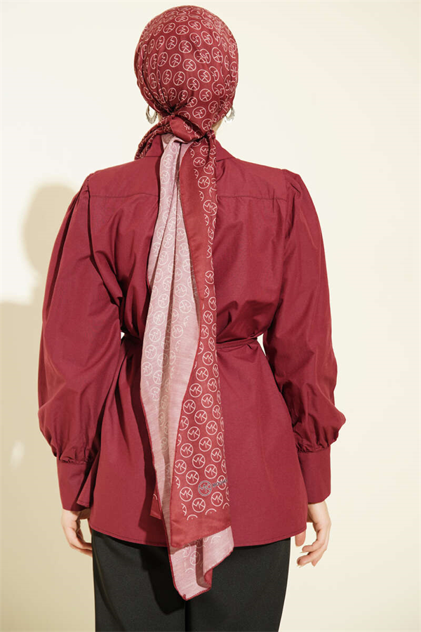 Burgundy Poplin Shirt with Gathered Shoulders and Belt