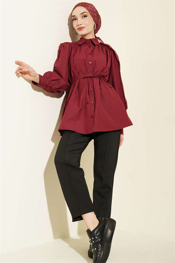Burgundy Poplin Shirt with Gathered Shoulders and Belt