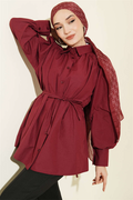 Burgundy Poplin Shirt with Gathered Shoulders and Belt