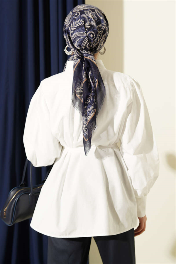 Ecru Poplin Shirt with Gathered Shoulders and Belt