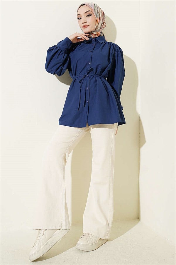 Navy Blue Poplin Shirt with Gathered Shoulders and Belt