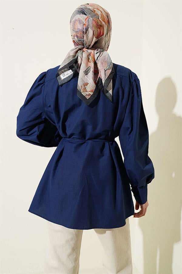 Navy Blue Poplin Shirt with Gathered Shoulders and Belt