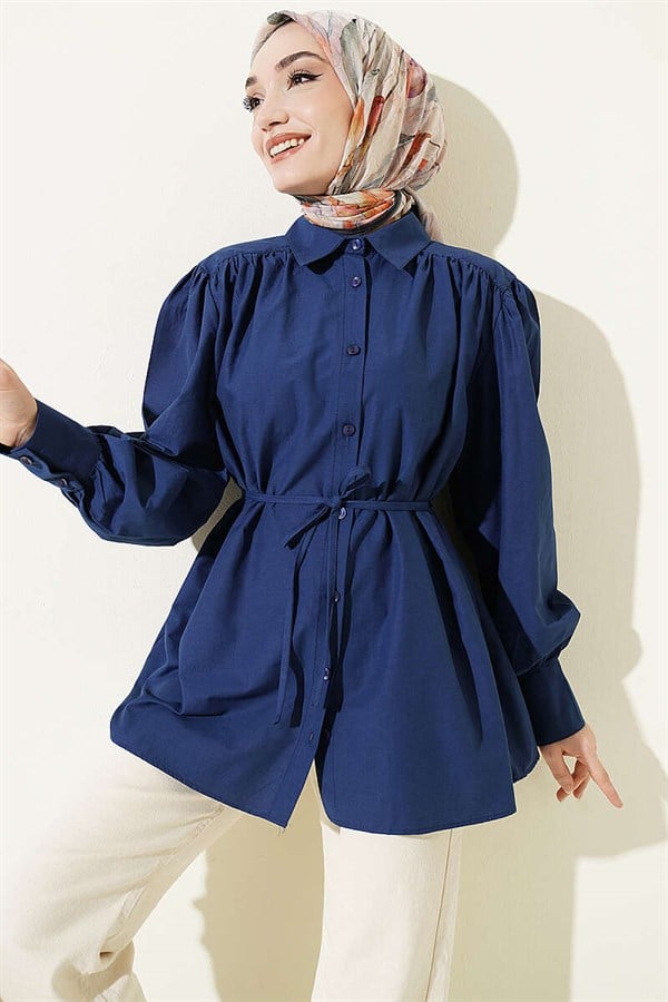 Navy Blue Poplin Shirt with Gathered Shoulders and Belt