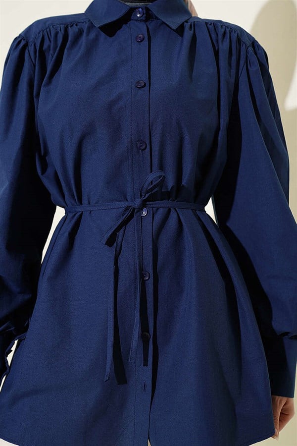 Navy Blue Poplin Shirt with Gathered Shoulders and Belt