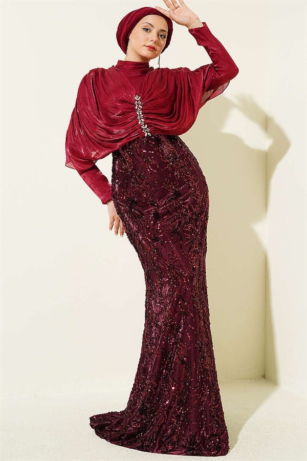 Burgundy Evening Dress with Gathered Shoulders, Embellished with Stones and Sequins