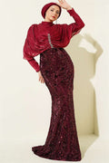 Burgundy Evening Dress with Gathered Shoulders, Embellished with Stones and Sequins