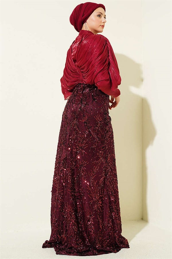 Burgundy Evening Dress with Gathered Shoulders, Embellished with Stones and Sequins