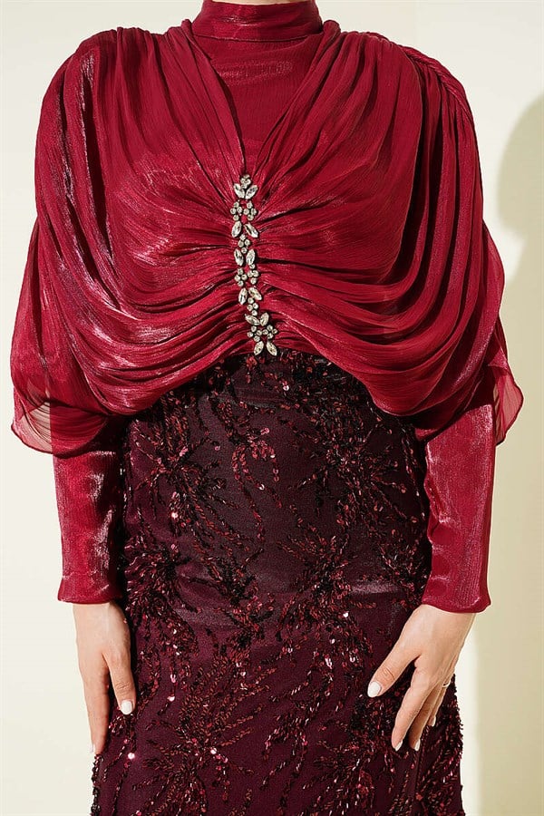 Burgundy Evening Dress with Gathered Shoulders, Embellished with Stones and Sequins
