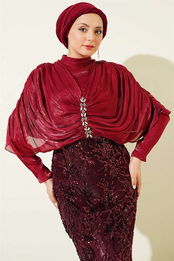 Burgundy Evening Dress with Gathered Shoulders, Embellished with Stones and Sequins