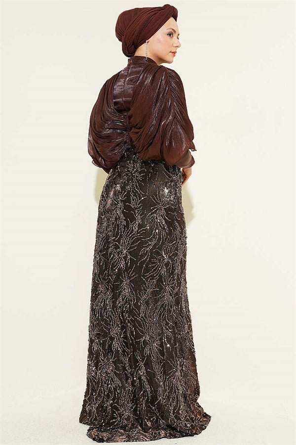 Shoulder Gathered Embellished Sequin Evening Dress in Brown