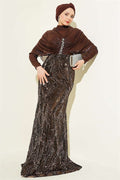 Shoulder Gathered Embellished Sequin Evening Dress in Brown