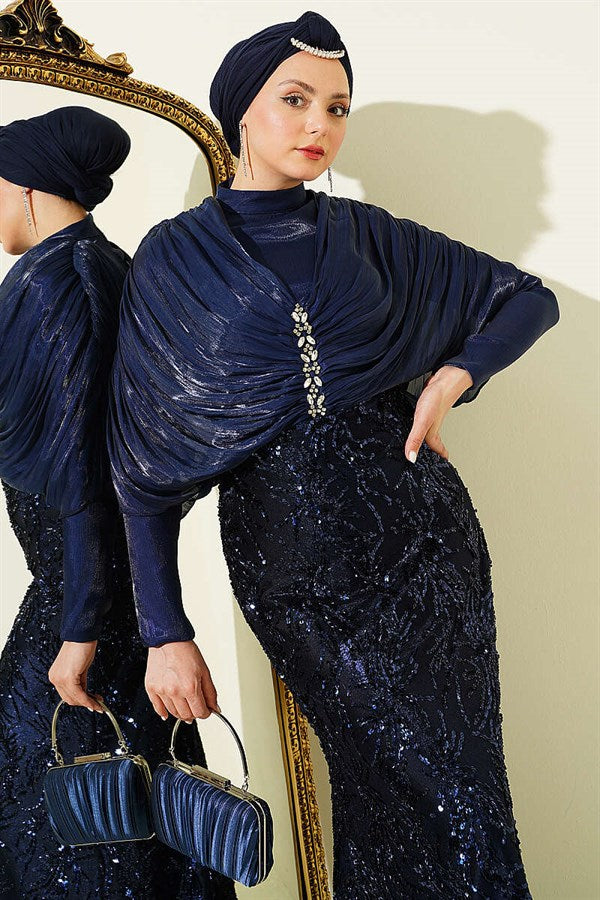 Navy Blue Embellished Sequined Evening Dress with Gathered Shoulders