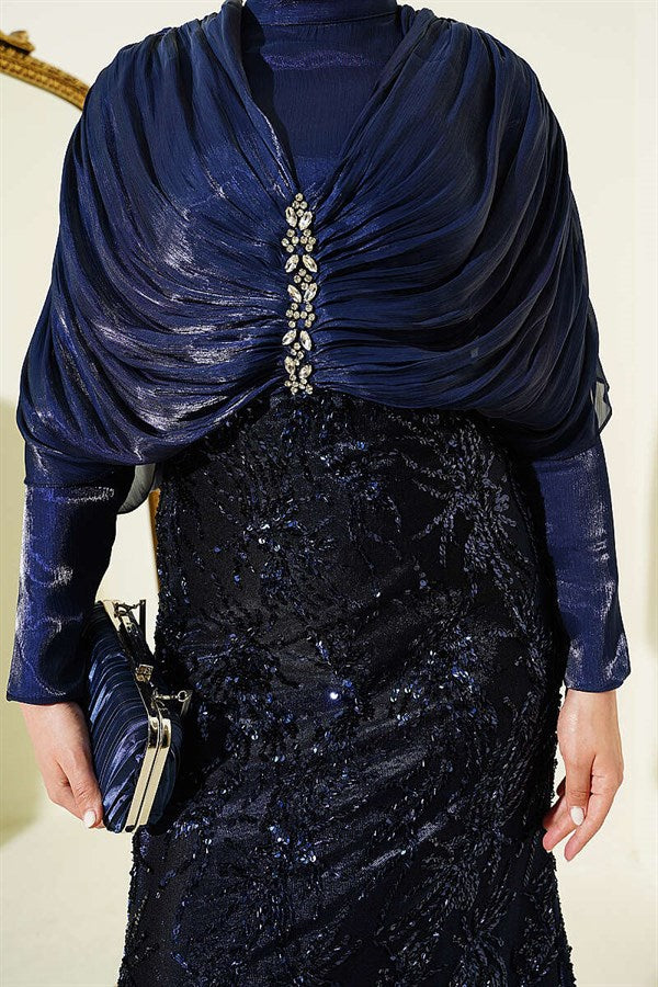 Navy Blue Embellished Sequined Evening Dress with Gathered Shoulders