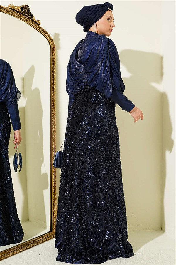 Navy Blue Embellished Sequined Evening Dress with Gathered Shoulders