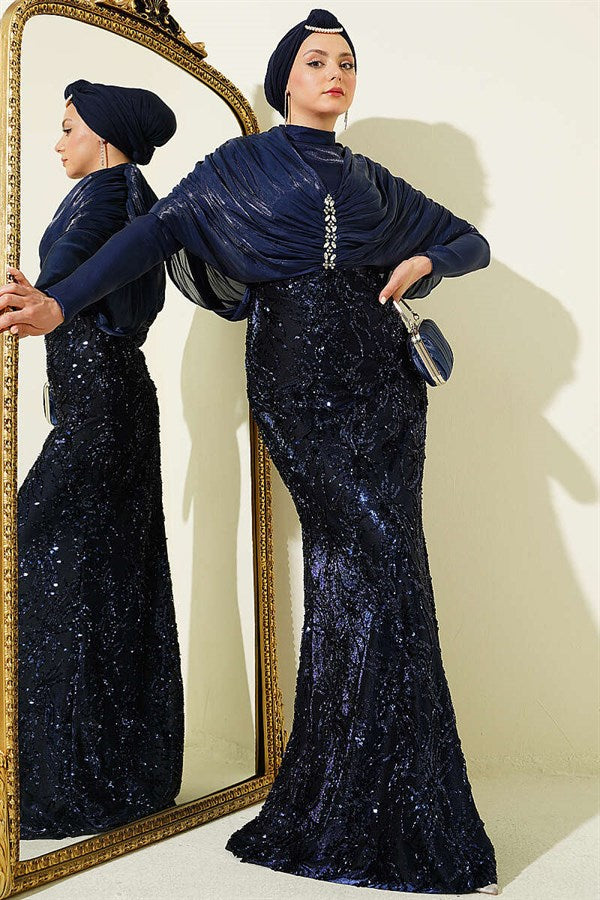 Navy Blue Embellished Sequined Evening Dress with Gathered Shoulders