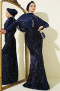 Navy Blue Embellished Sequined Evening Dress with Gathered Shoulders