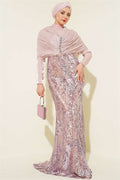 Powder Pink Gathered Shoulder Embellished Sequin Evening Dress