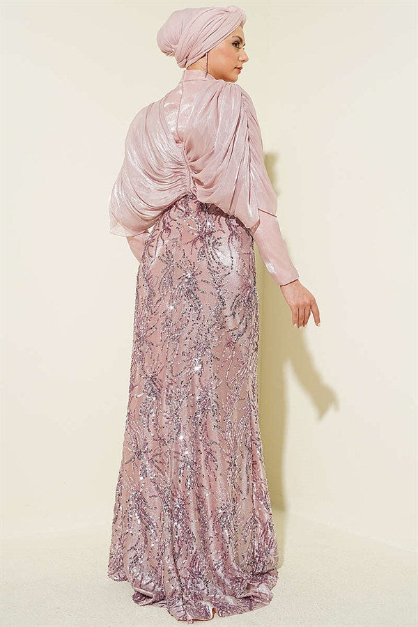 Powder Pink Gathered Shoulder Embellished Sequin Evening Dress
