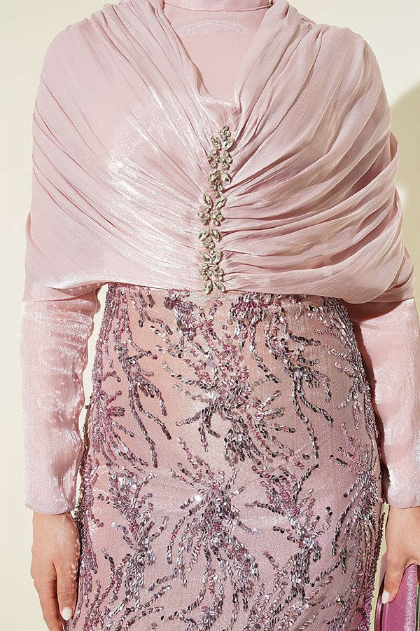 Powder Pink Gathered Shoulder Embellished Sequin Evening Dress