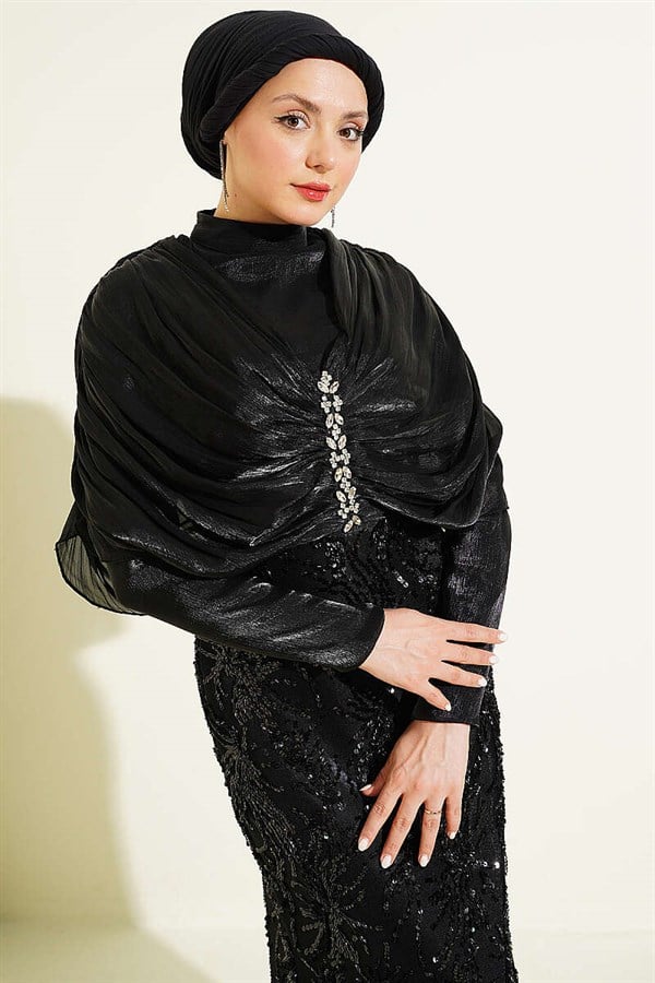 Black Embellished Sequined Evening Dress with Gathered Shoulders