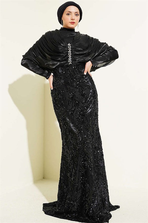 Black Embellished Sequined Evening Dress with Gathered Shoulders