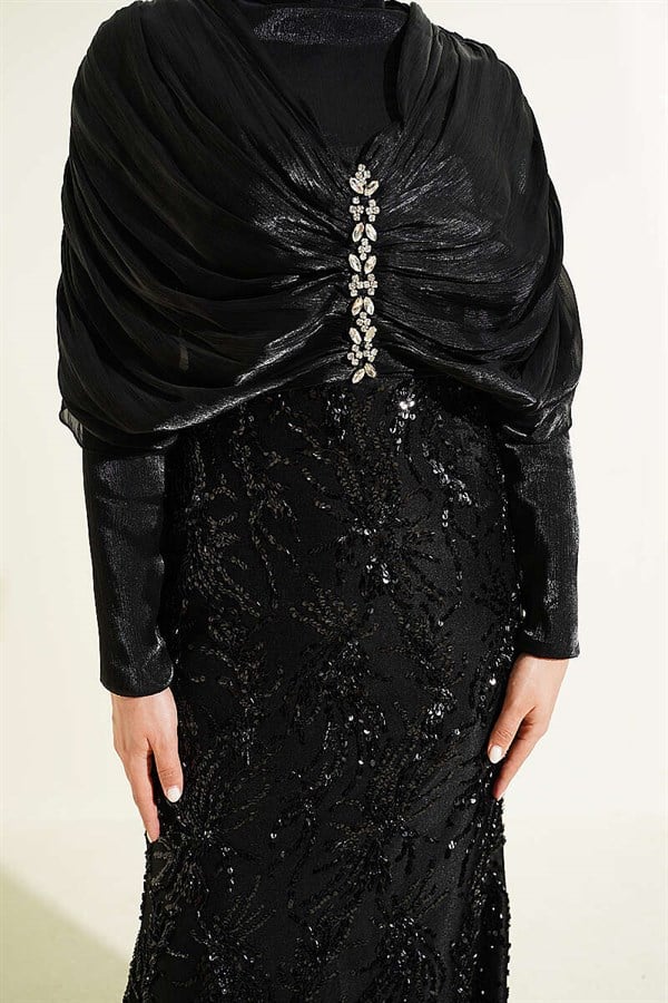 Black Embellished Sequined Evening Dress with Gathered Shoulders